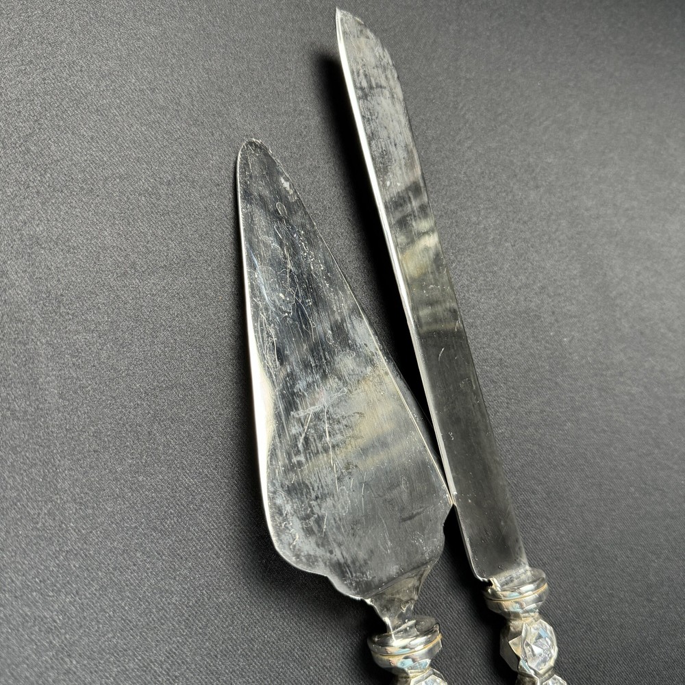 Wedding Reception Cake Knife Server Set Faceted Crystal & Silverplate Stainless