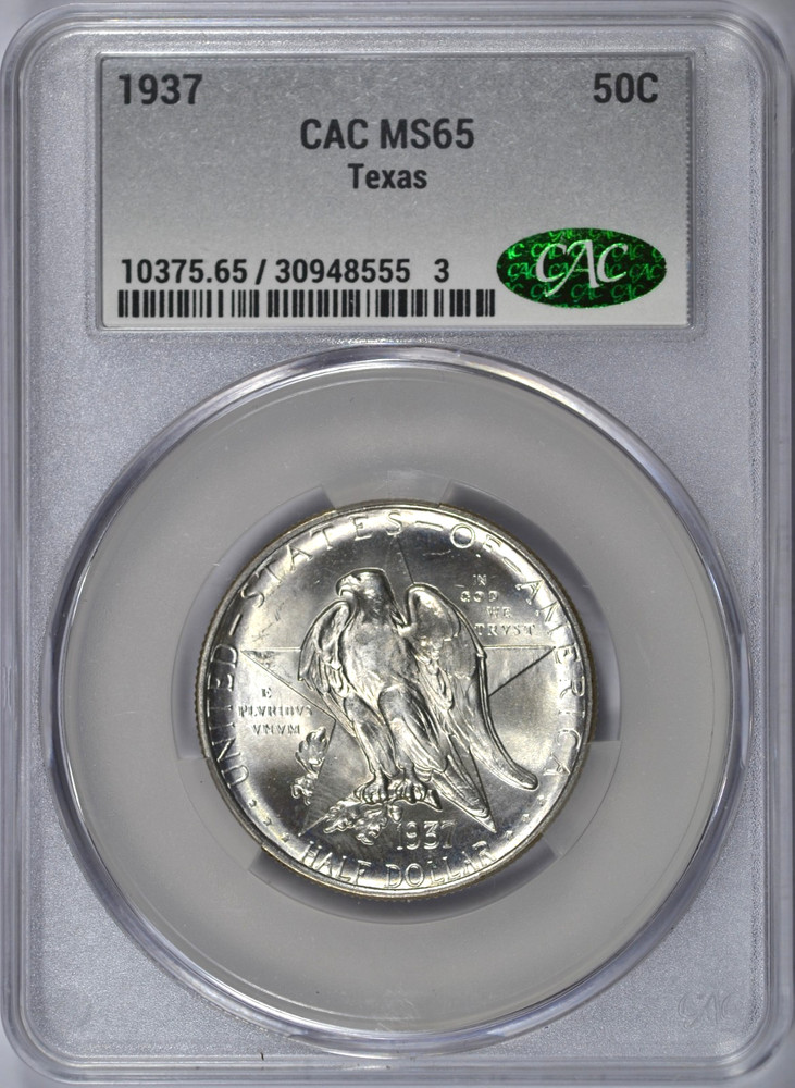 1937 TEXAS COMMEMORATIVE HALF DOLLAR CACG MS65 CAC BLAST WHITE