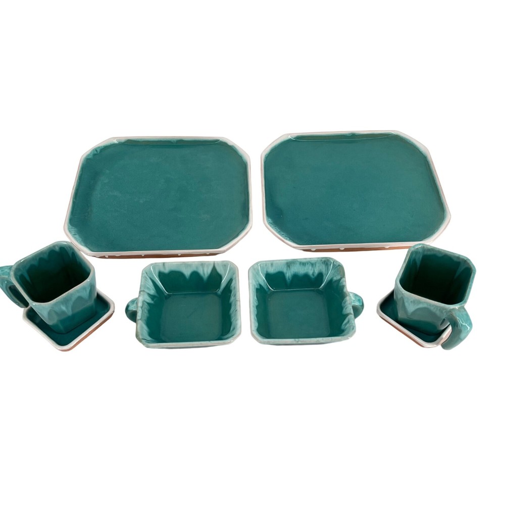 Vintage Turquoise Ceramic Dinnerware Set  6 Pieces  Square Plates & Mugs