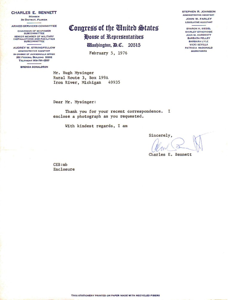 CHARLES E. BENNETT (+2003) - U.S. Representative (D-FLA)(49-93)-Autograph Letter