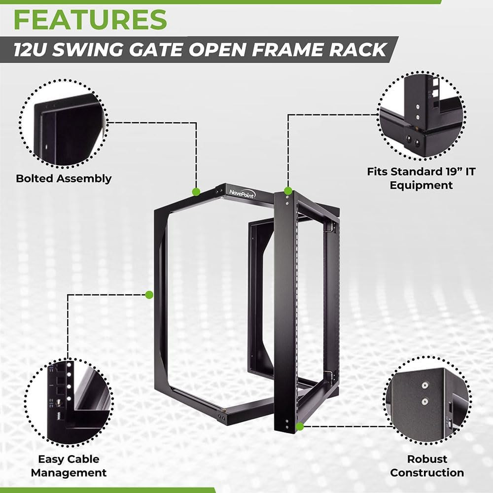 Navepoint 12U Open Frame Server Rack for 19" IT Network Equipment & A/V Devices,