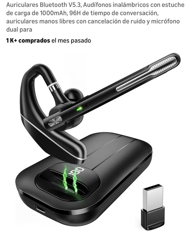 Bluetooth V5.3 Ear-hook Headset Dual Mic Noise Cancel LED Display Case