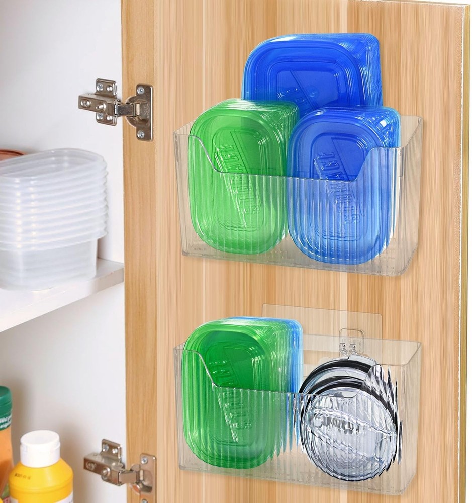 Durable 2 Pack Plastic Cabinet Lid Organizer with Easy Adhesive Installation