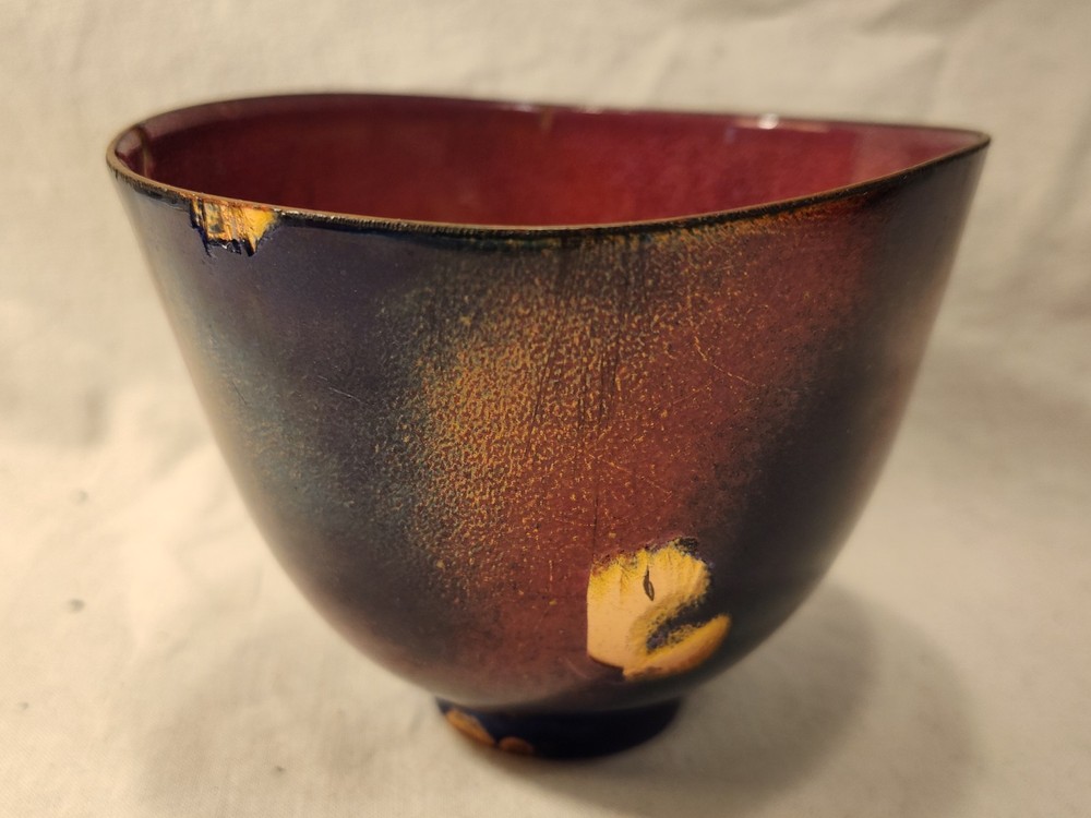 Vintage Brutalist Enamel On Copper Bowl Signed