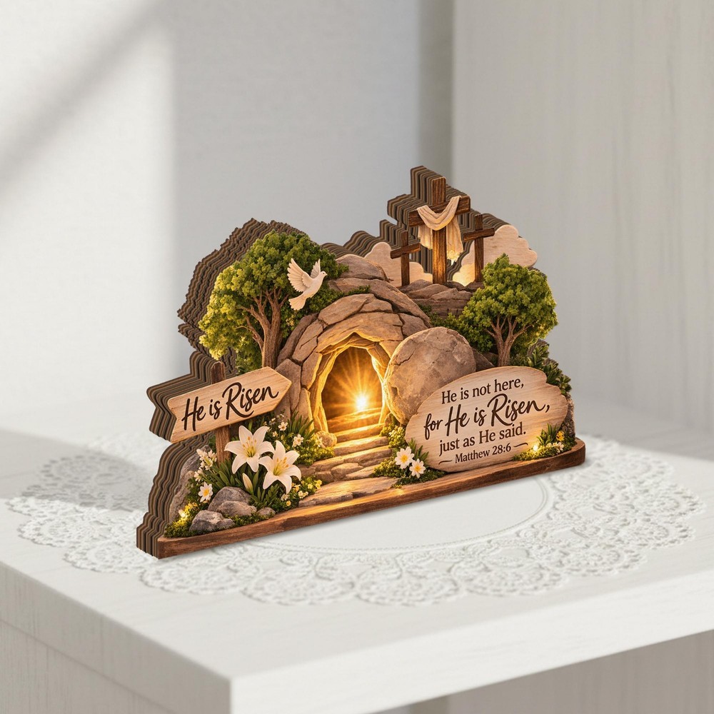 He Is Risen Wooden Block, Christian Easter Table Decor Gift