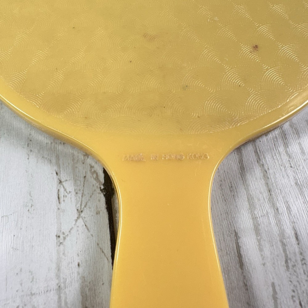 Beige Hand Mirror Plastic 11” Rectangular Textured Back Vintage Hong Kong