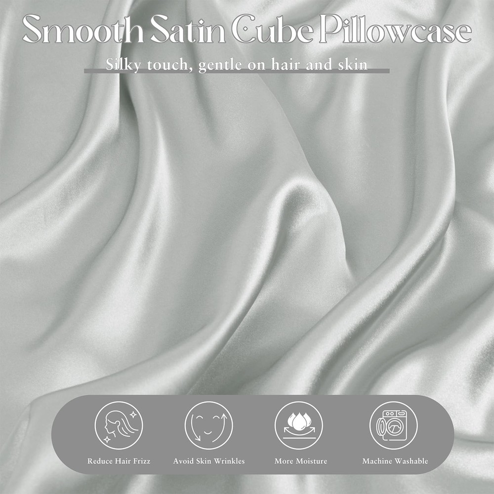 Satin Cube Pillow Case for Side Sleepers, Silver Grey Satin Pillowcase Cube P...