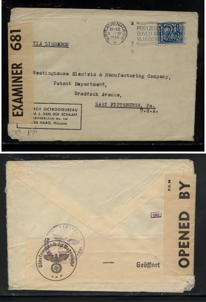 Netherlands   230  on  cover double censor to  US 1940      KL1209