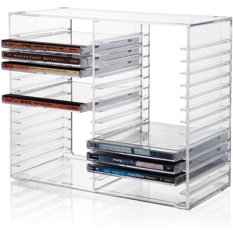 Stackable Clear Plastic CD Organizer w/Rubber Feet Rectangular Jewel Case Holder