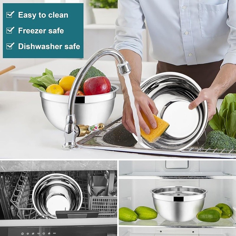 Stainless Steel Mixing Bowls Set W/ Airtight Lids Nesting Stackable Easy Clean