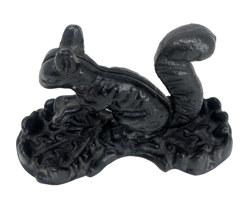 Vintage Squirrel Nutcracker on Tray with Tail Handle Pull Black Metal