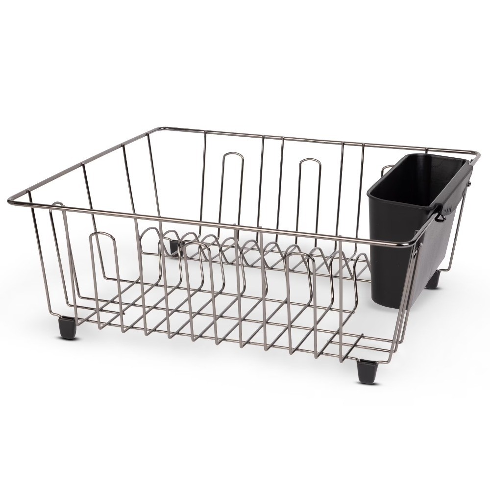 Compact Chrome and Black Dish Drying Rack, Small Kitchen Countertop Drainer for