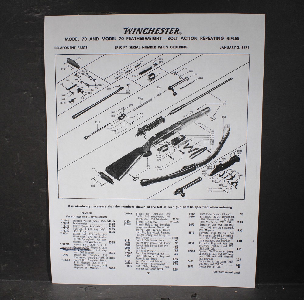 Winchester Model 70 70A Rifle Instructions, 75 Catalog 76 Catalog 2 Pts Sheets