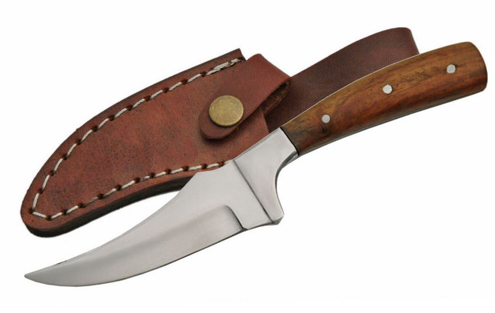FIXED-BLADE HUNTING KNIFE | Silver Blade Brown Wood Handle Sharp Finger Skinner