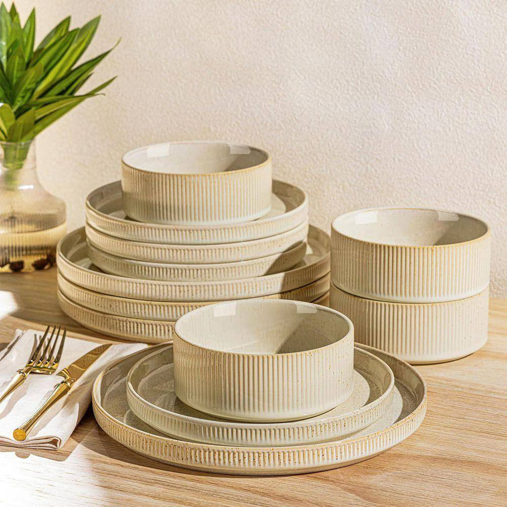 12-Piece Cappuccino Modern Ceramic Kitchen Dinnerware Sets with Plates and Bowls