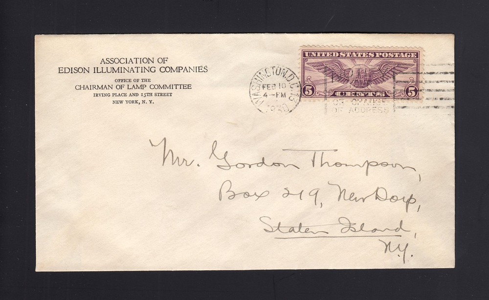 FDC: #C12 1930 5c Winged Globe - EDISON Co. CC