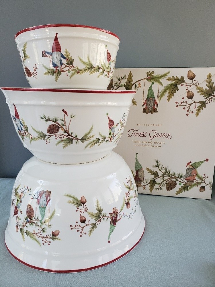 Pottery Barn Forest Gnome Three Mixing Bowls Nesting 3 pc Set with Original Box