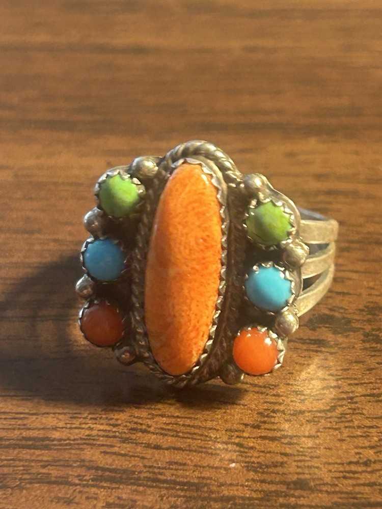 Sterling Silver Native American Handmade Multicolor Stone Cabochon Ring Size 6.5