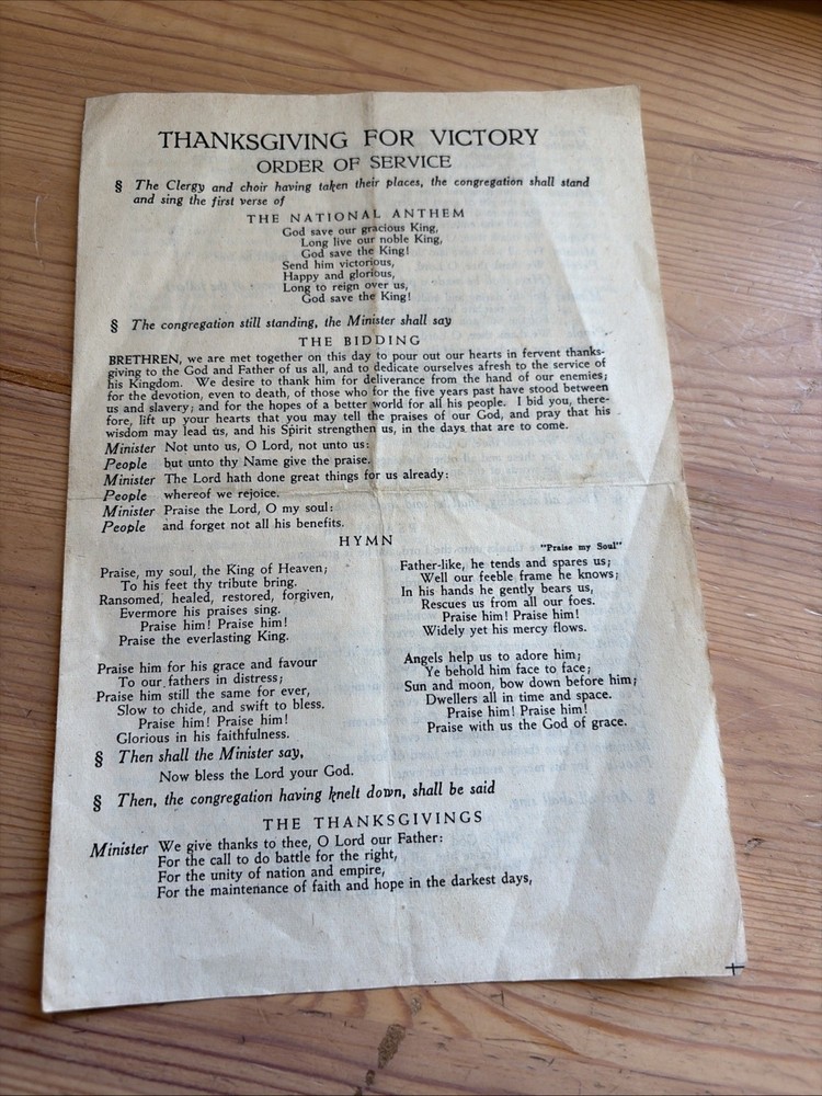 WWII 1945 Thanksgiving For Victory Service Programme Sheet