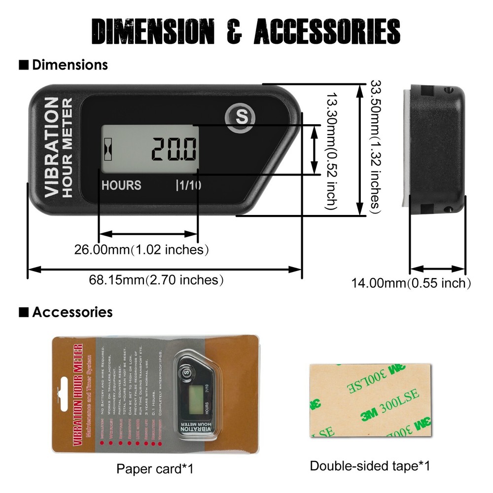 LCD Wireless Vibration Hour Meter Partial Hours Record Data Storage Waterproof