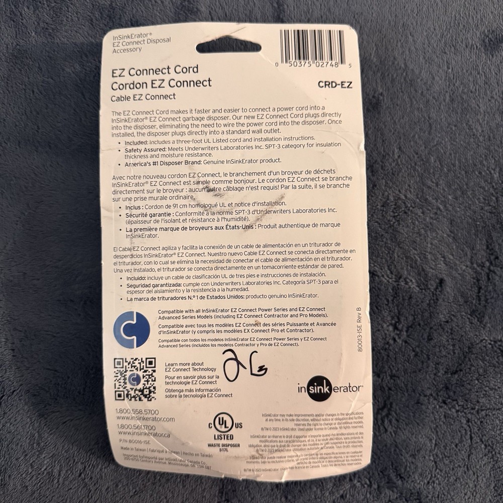 InSinkErator CRD-EZ Connect Power Cord 3 Ft For use on EZ Connect Disposals