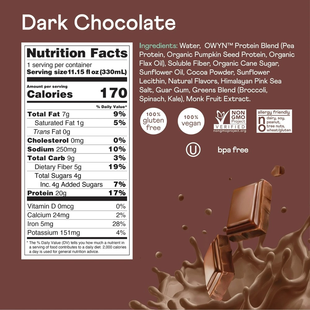 OWYN Protein Shake, Dark Chocolate, 4 Ct, 20g