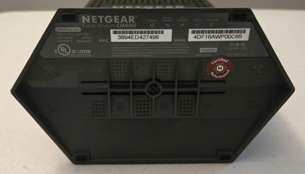 NETGEAR DOCSIS 3.0 Cable Modem (CM600) - NOT Tested