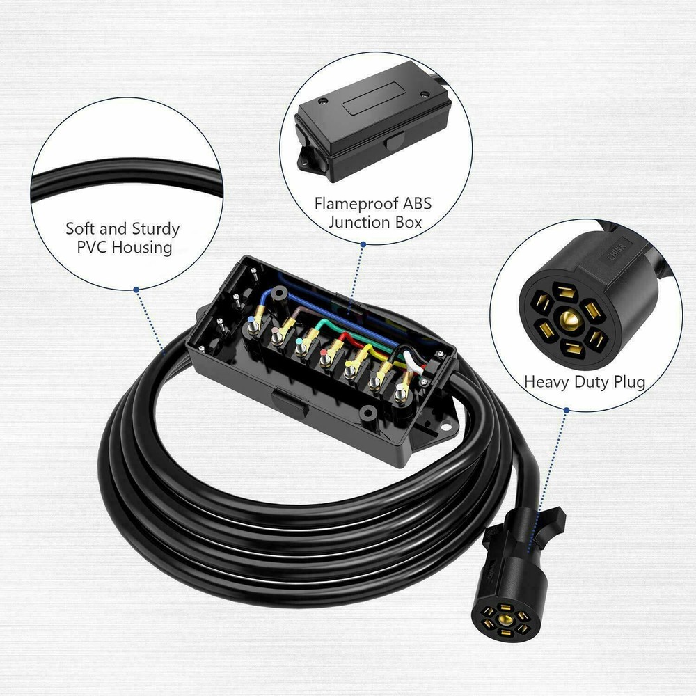 HOT 7/8/10 ft Trailer Cord 7 Way Plug Inline Junction Box Wiring Harness Kit USA
