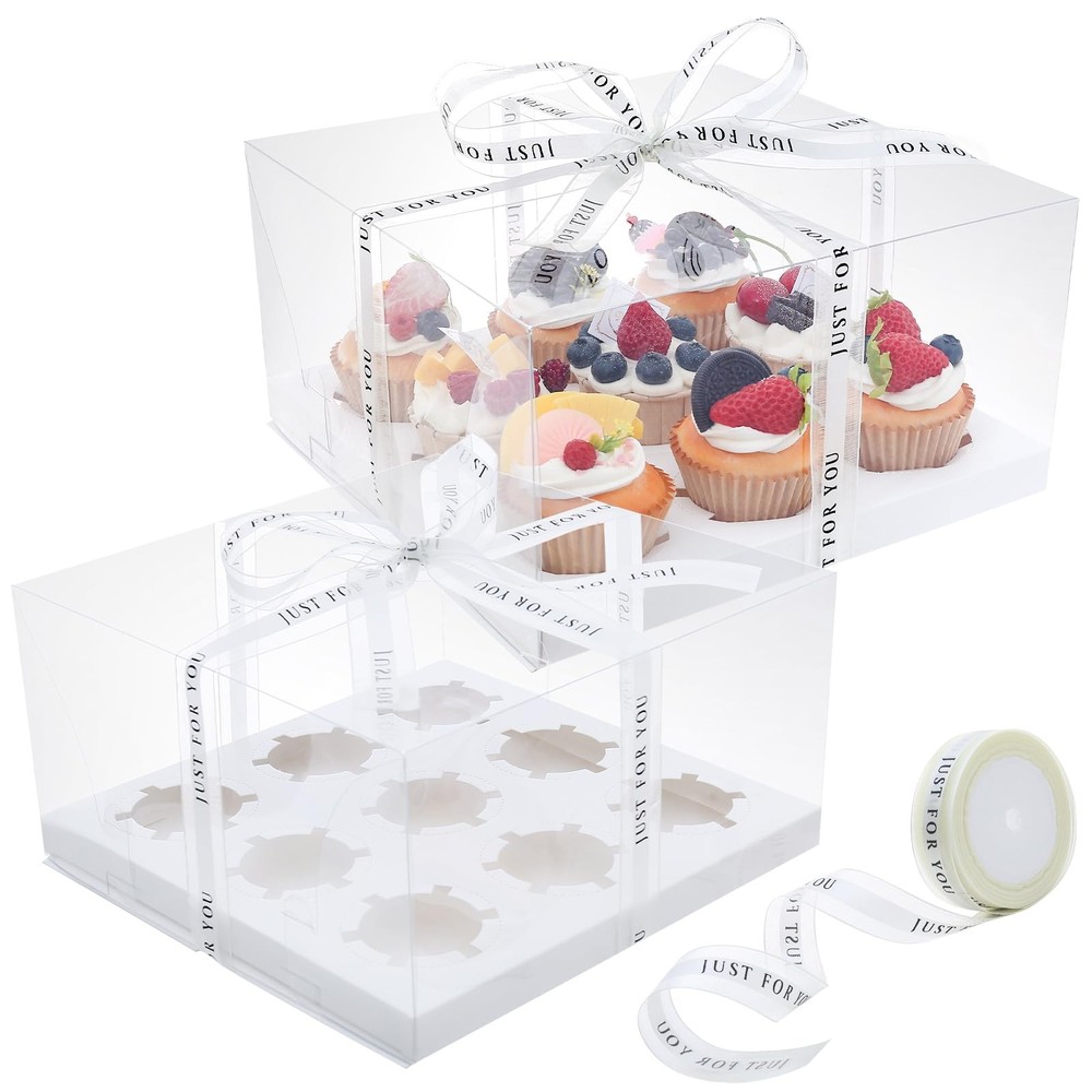5 PCS Clear Cupcake Boxes 9Count Container Plastic Tray White with Ribbon