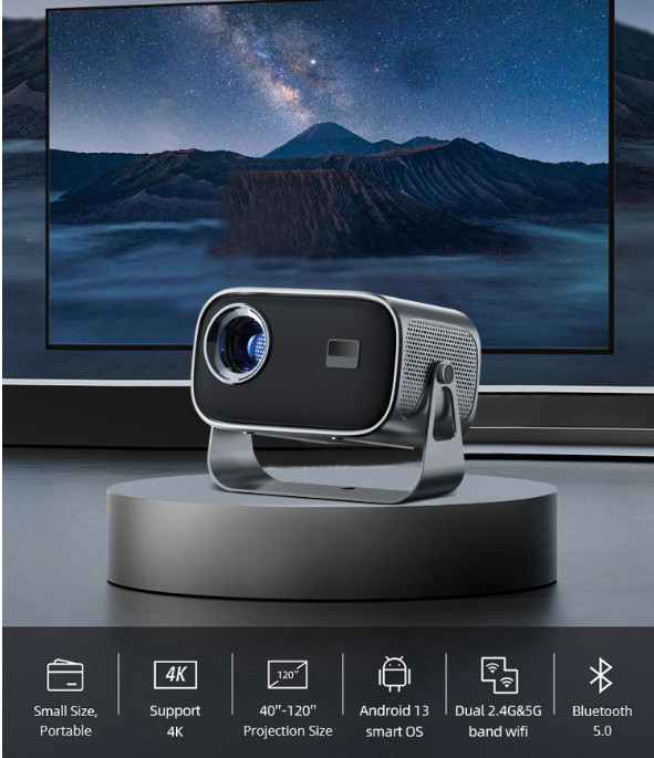 "Portable Cloud Projector 720P HD, 4K Decoding, WiFi & Bluetooth