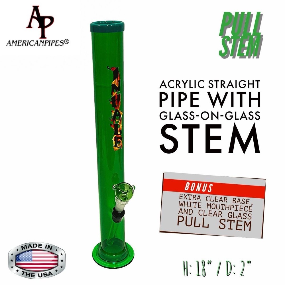 INHALE®️ 2x18" ACRYLIC WATER PIPE Glass On Glass PULL STEM +EXTRA PARTS US MADE