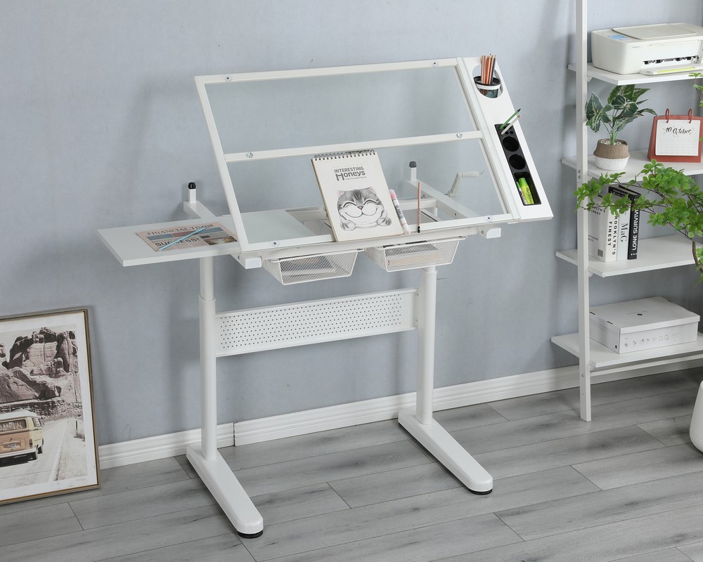 Drafting Table w/Tilting Glass Tabletop,Adjustable Drawing Desk w/Drawers &Stool