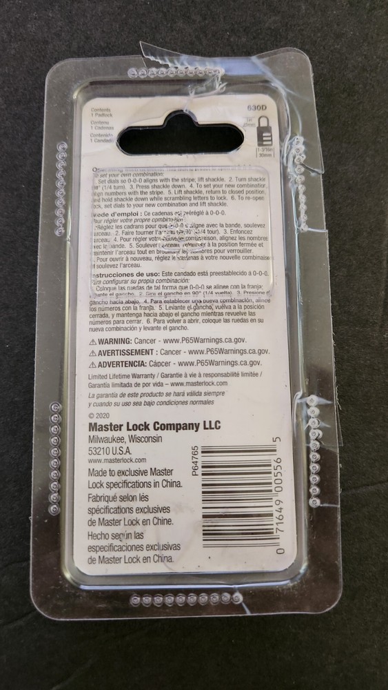 Master Lock 3-Digit Combination Lock Aluminum P64765 630D