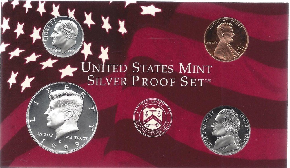 1999-S PARTIAL SILVER PROOF SET CENT, NICKEL, DIME,  AND HALF  4 COINS