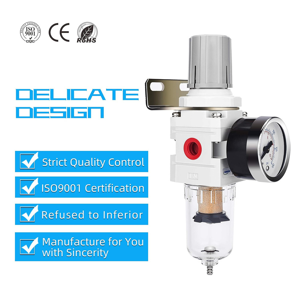 1/4" NPT Compressed Air Filter Regulator Combo Piggyback, 5 Micron Brass Element