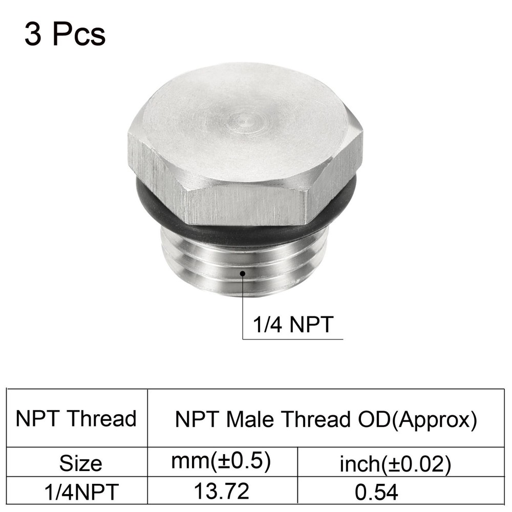 3pcs 1/4 NPT Male Plug Thread Hex Head Socket Solid Pipe Fitting Sealing Ring