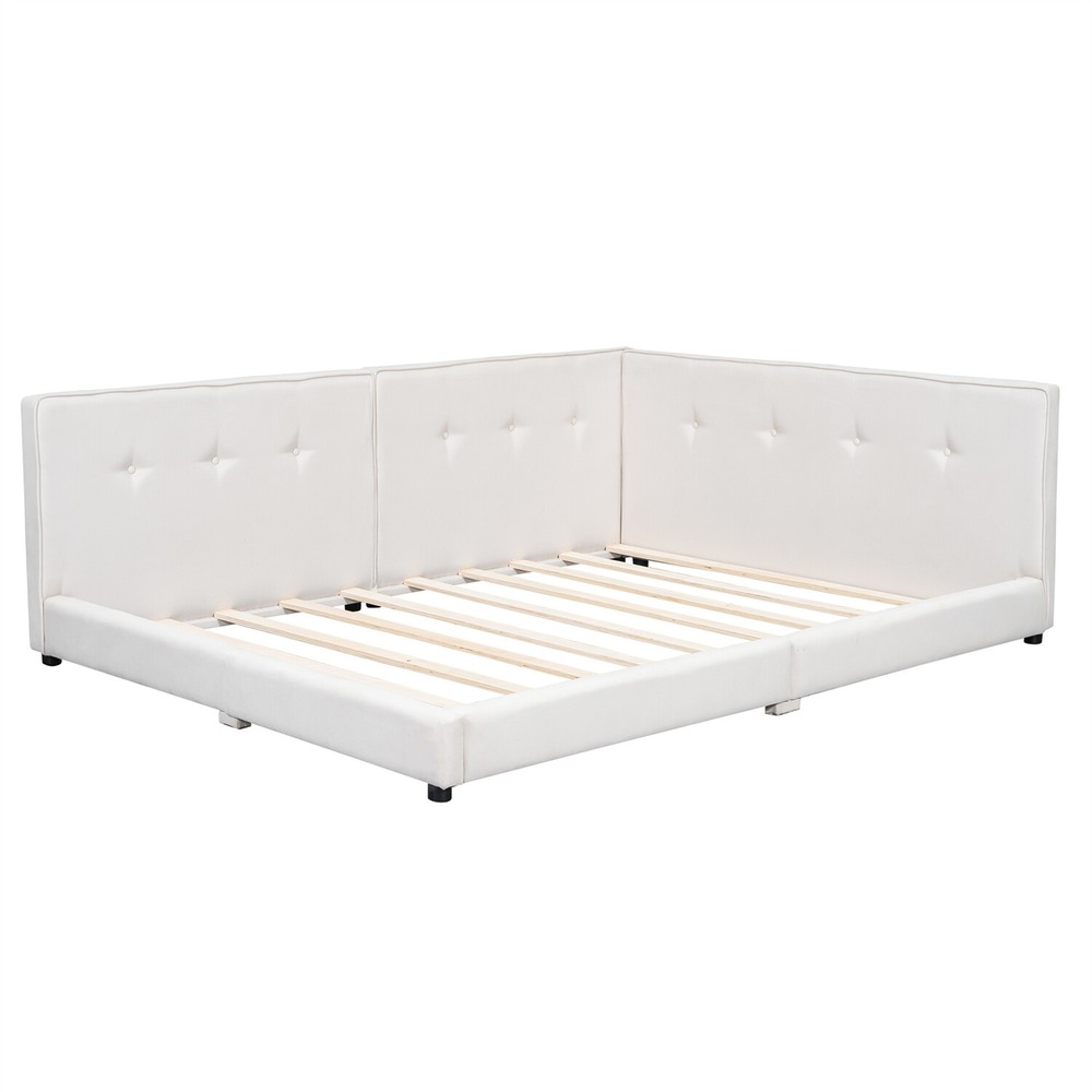 Full/Queen Size Bed Frame Upholstered Platform Bed w/ USB Ports Beige/Blue US