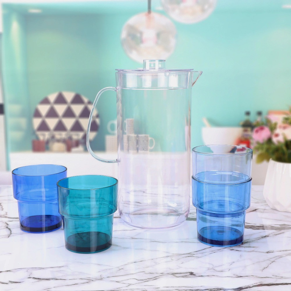 3-Quart Blue Acrylic Pitcher with 14-Ounce Stackable Tumbler Set
