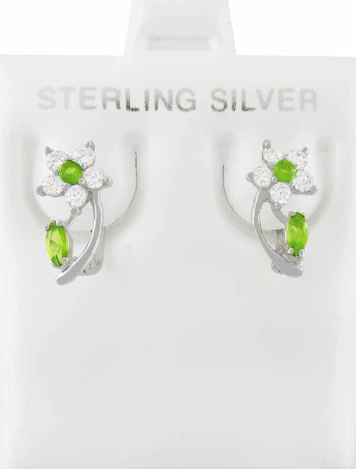 LAB-CREATED PERIDOT & WHITE SAPPHIRE FLOWER STUD EARRINGS .925 SILVER - NWT