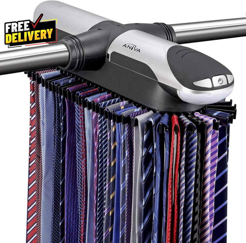 Motorized Tie Rack Closet Organizer with LED Lights Includes J Hooks for Wired..