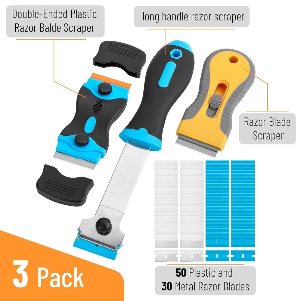 3-Pack Razor Blade Scraper Set w/ 80 Blades – Paint, Window & Sticker Tool