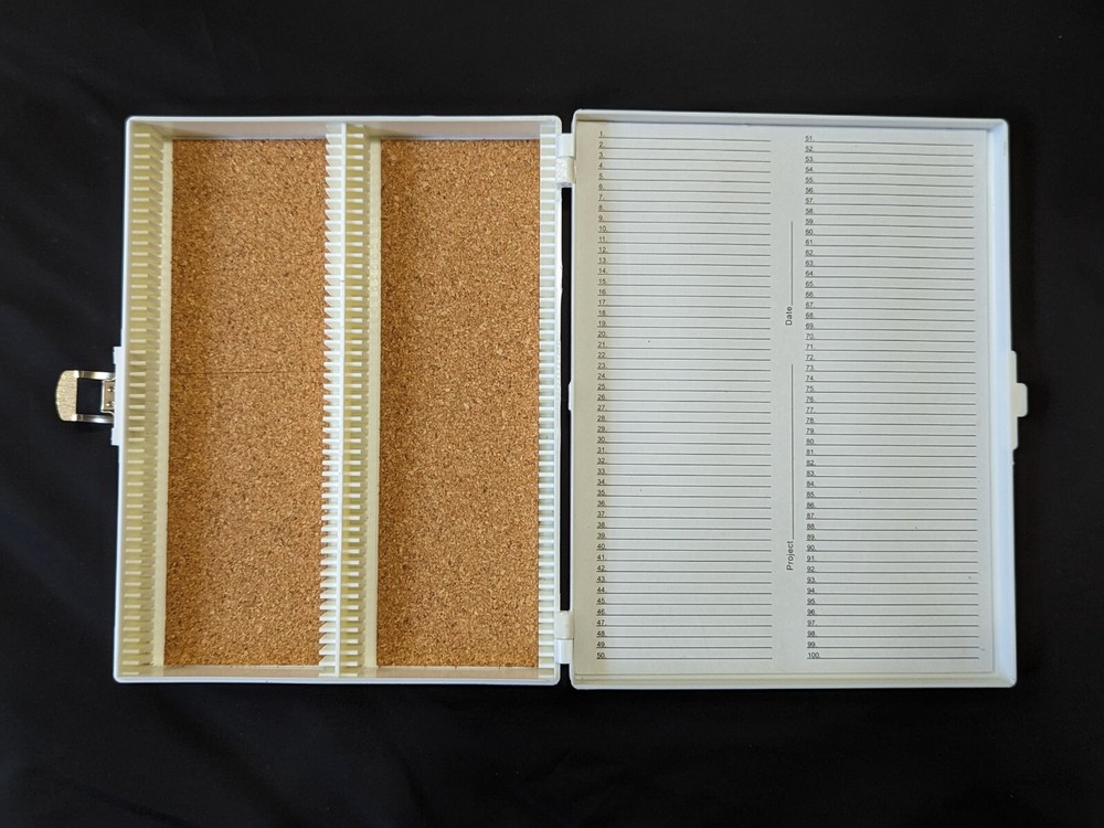 microscope slide storage box, hold 100 slides, white, stackable, cork lining