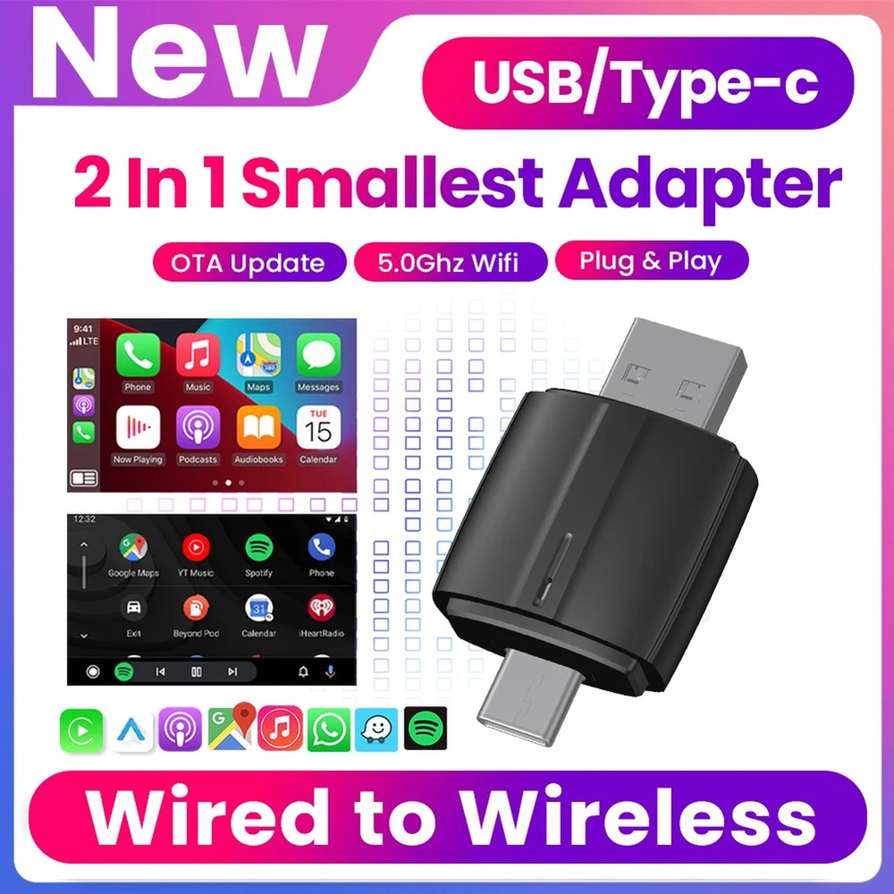 USB-C Dual-Interface Wireless Car Adapter for Wired Smartphone Projection — Plug