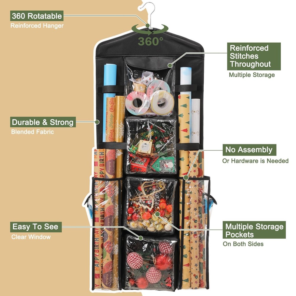 Wrapping Paper Storage Gift Wrap Organizer Holder Double-Sided Hanging Gift B...
