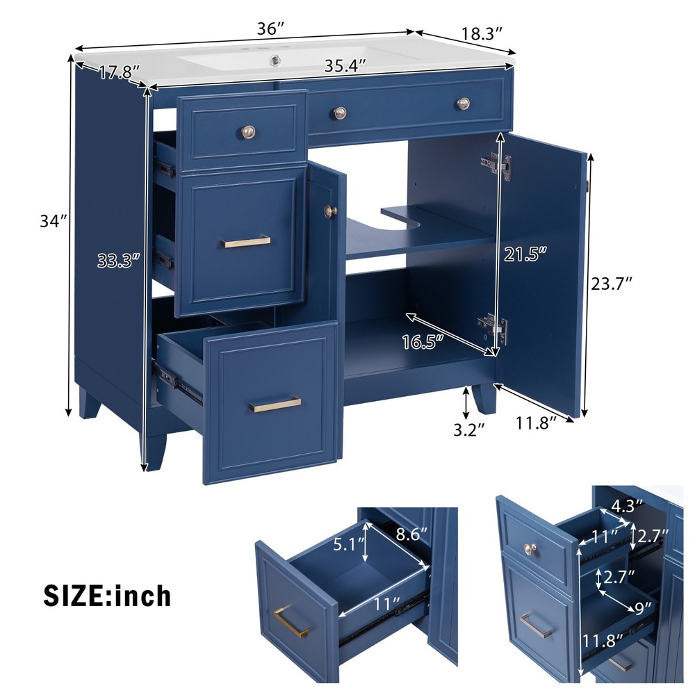 36" Vanity: Ceramic Sink, Drawers, Soft-Close Doors, Adjustable Shelves