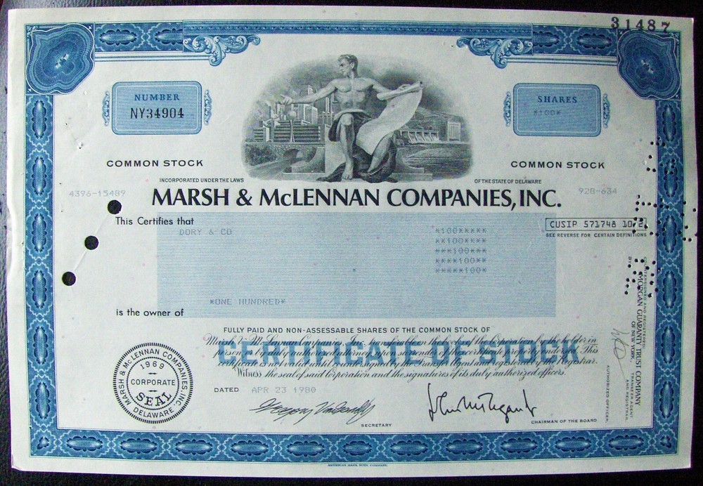 Stock certificate Marsh & McLennan 1980 Payee Dory & Co