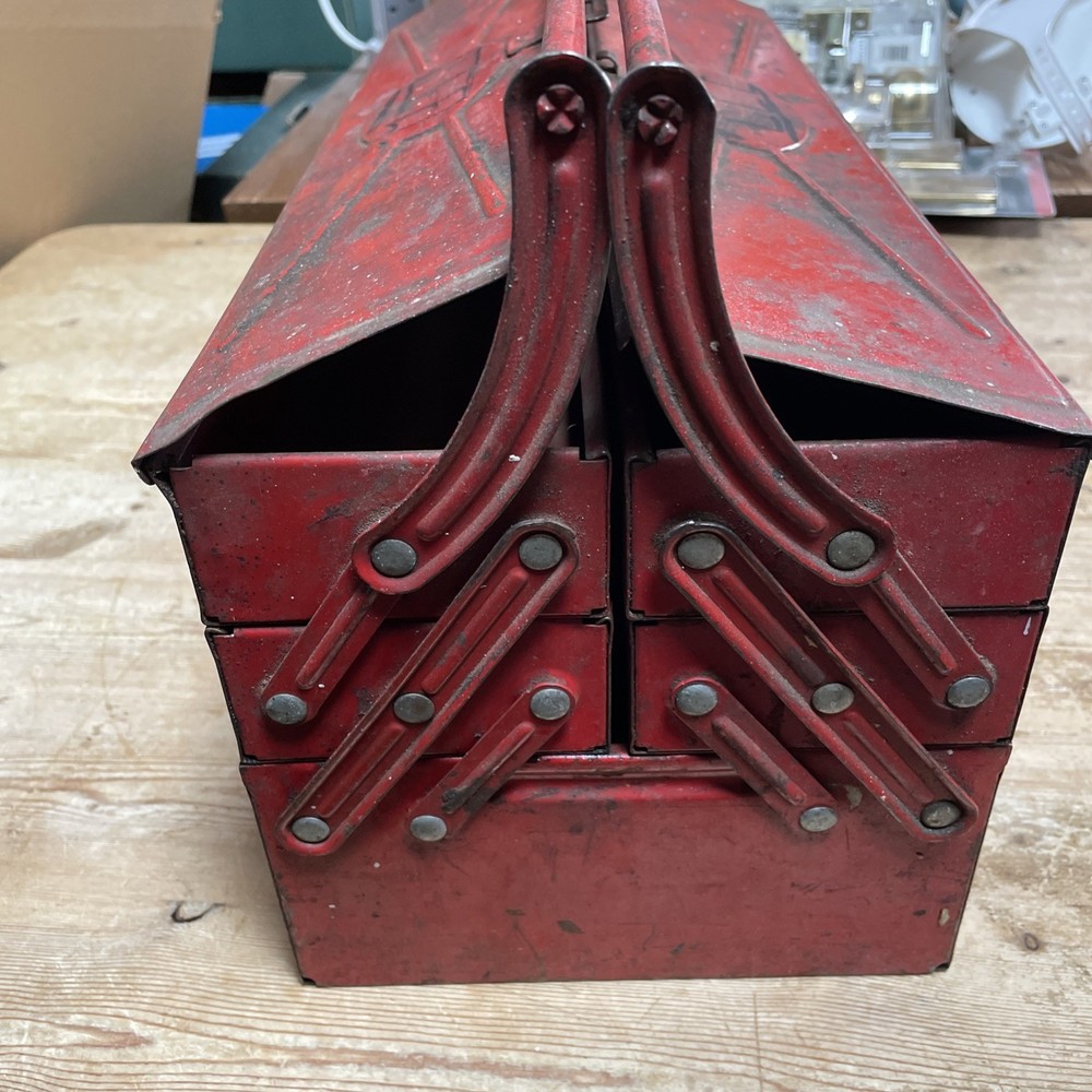 Vintage Red Metal Cantilever Tool Box. 45cm.