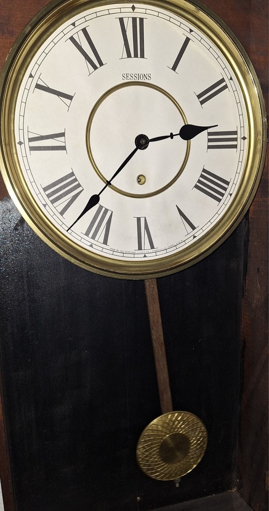 ANTIQUE SESSIONS SHOP REGULATOR "ECLIPSE" WALL CLOCK PENDULUM & KEY WORKING