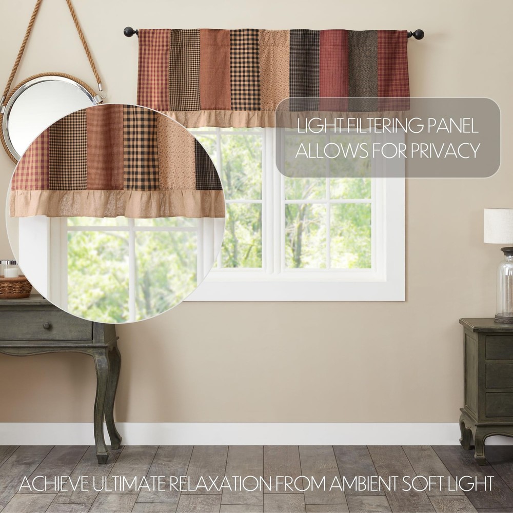 Maisie Primitive Country Kitchen Curtain, Red Patchwork Valance 19x60