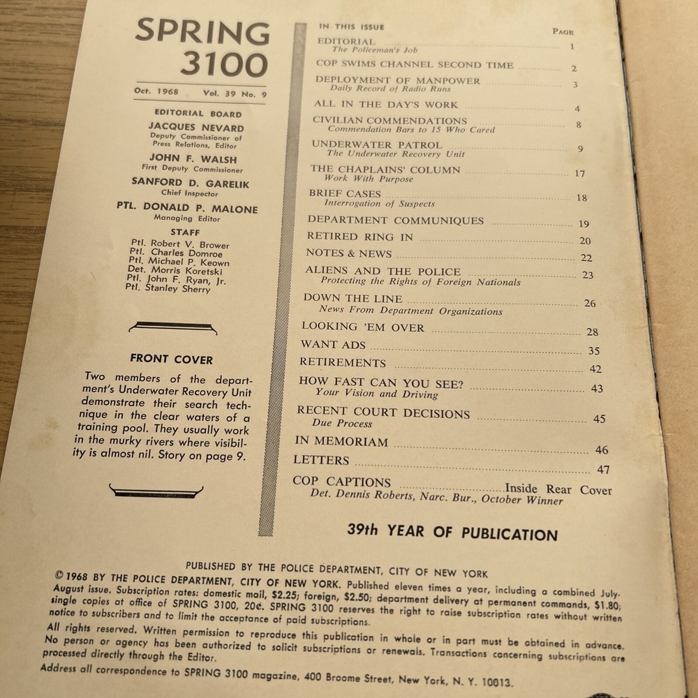 SPRING 3100 NYPD MAGAZINE OCTOBER 1968